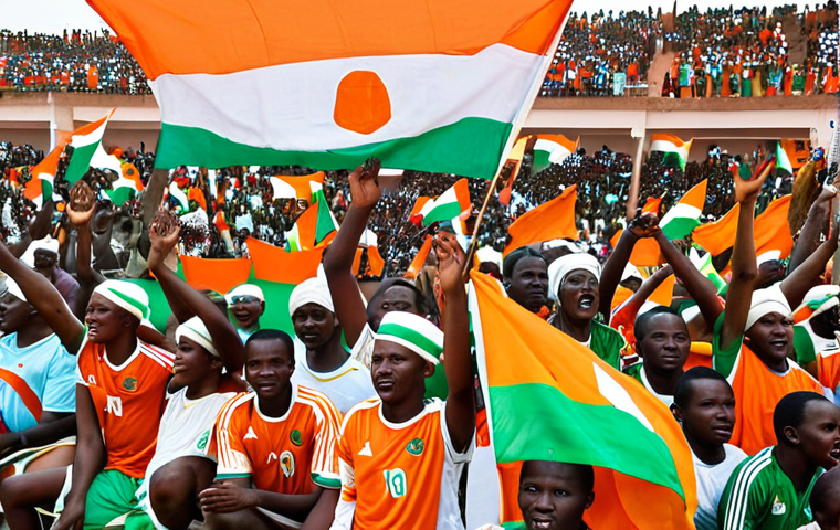 **Soccer Culture in Niger**: Create an image depicting a vibrant soccer match in Niger, showcasing enthusiastic fans in the stands, waving flags and cheering. The players on the field should display intense expressions of determination as they compete. Include elements of national pride, such as jerseys featuring the Niger flag.