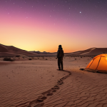 **

A vast, sun-drenched Sahara Desert landscape at sunset. In the foreground, a small, sturdy camping tent is pitched, casting a long shadow. A silhouette of a person stands near the tent, gazing at the fiery horizon. The sky is a gradient of orange, pink, and purple, with a few faint stars beginning to appear. Focus on conveying the harsh beauty and isolation of desert camping. Consider adding subtle elements like a small cooking fire or desert animal tracks in the sand. Style: Photorealistic, but with a slightly dreamlike, nostalgic filter.

**