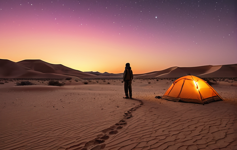**

A vast, sun-drenched Sahara Desert landscape at sunset. In the foreground, a small, sturdy camping tent is pitched, casting a long shadow. A silhouette of a person stands near the tent, gazing at the fiery horizon. The sky is a gradient of orange, pink, and purple, with a few faint stars beginning to appear. Focus on conveying the harsh beauty and isolation of desert camping. Consider adding subtle elements like a small cooking fire or desert animal tracks in the sand. Style: Photorealistic, but with a slightly dreamlike, nostalgic filter.

**