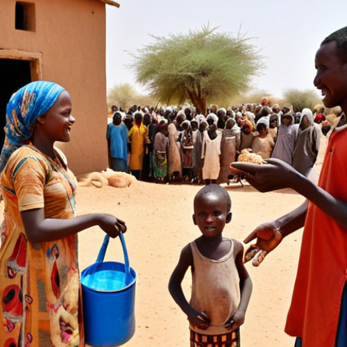 **A vibrant scene in Niger: NGO workers distributing food and supplies to families in a drought-stricken village. Children with hopeful expressions reach for the aid, while a backdrop of arid land emphasizes the severity of the food crisis. Include the NGO's logo subtly in the background. Focus on conveying hope and resilience.**