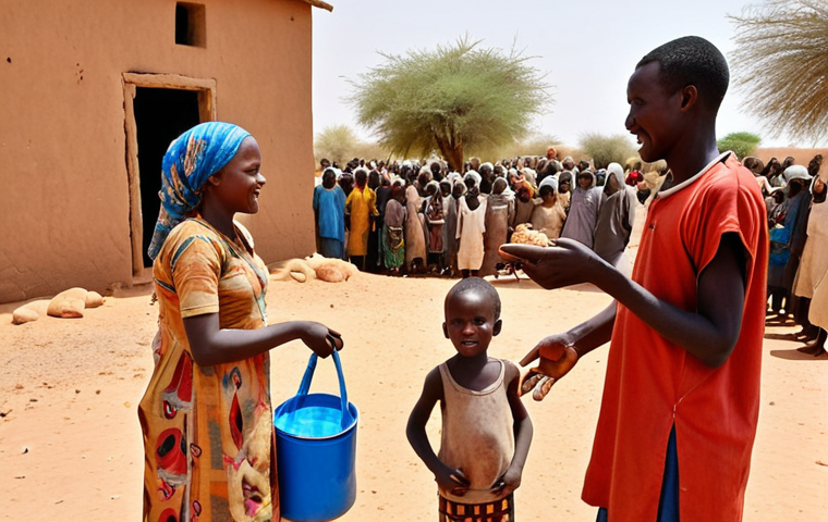 **A vibrant scene in Niger: NGO workers distributing food and supplies to families in a drought-stricken village. Children with hopeful expressions reach for the aid, while a backdrop of arid land emphasizes the severity of the food crisis. Include the NGO's logo subtly in the background. Focus on conveying hope and resilience.**