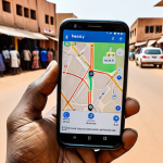 **

A smartphone displaying a ride-hailing app (Yango or Heetch) in Niamey, Niger, with a map showing nearby available cars. Focus on the phone screen and a slightly blurred background of a typical Niamey street scene (market, buildings).

**
