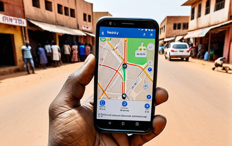 **

A smartphone displaying a ride-hailing app (Yango or Heetch) in Niamey, Niger, with a map showing nearby available cars. Focus on the phone screen and a slightly blurred background of a typical Niamey street scene (market, buildings).

**