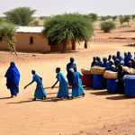 **

A drought-stricken village in Niger. Children, fully clothed in modest attire, are gathering near dry farmland. Show a sense of hope amidst hardship. In the background, aid workers are distributing food supplies. Emphasize the arid landscape and the resilience of the people. Safe for work, appropriate content, professional photography, perfect anatomy, natural proportions, high quality.

**