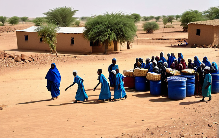 **

A drought-stricken village in Niger. Children, fully clothed in modest attire, are gathering near dry farmland. Show a sense of hope amidst hardship. In the background, aid workers are distributing food supplies. Emphasize the arid landscape and the resilience of the people. Safe for work, appropriate content, professional photography, perfect anatomy, natural proportions, high quality.

**