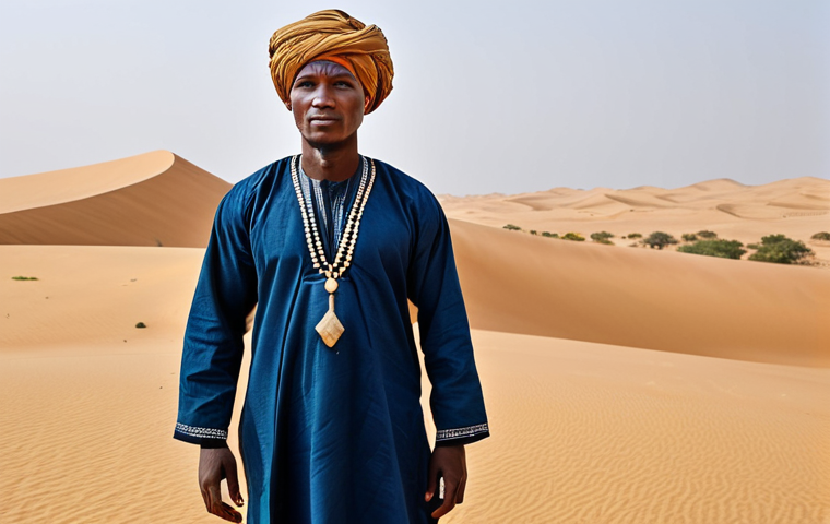 Nomadic Attire**

A Nigerien nomad, fully clothed in traditional robes and a turban, standing in a vast desert landscape with sand dunes, appropriate attire, safe for work, perfect anatomy, natural proportions, professional photography, high quality, family-friendly, modest clothing.

**