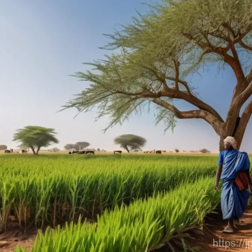 니제르 경제 구조와 주요 산업 - A vibrant, wide-angle shot depicting the traditional agricultural life in Niger. In the foreground, ...
