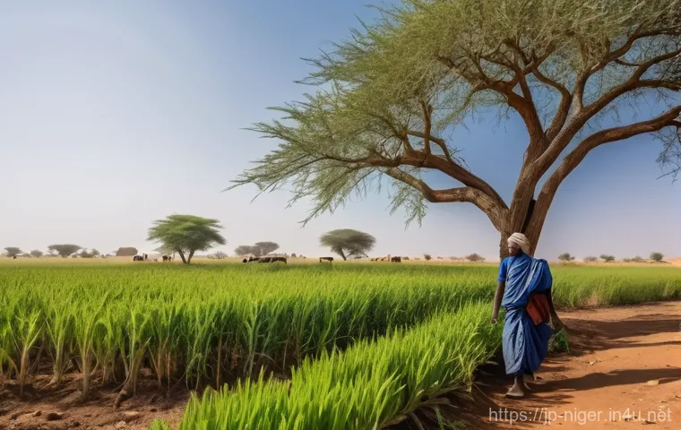 니제르 경제 구조와 주요 산업 - A vibrant, wide-angle shot depicting the traditional agricultural life in Niger. In the foreground, ...