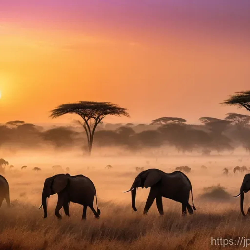 니제르에서 사파리 여행 가능 지역 - **Prompt:** A majestic elephant herd slowly moving through a vast, misty West African savanna at sun...