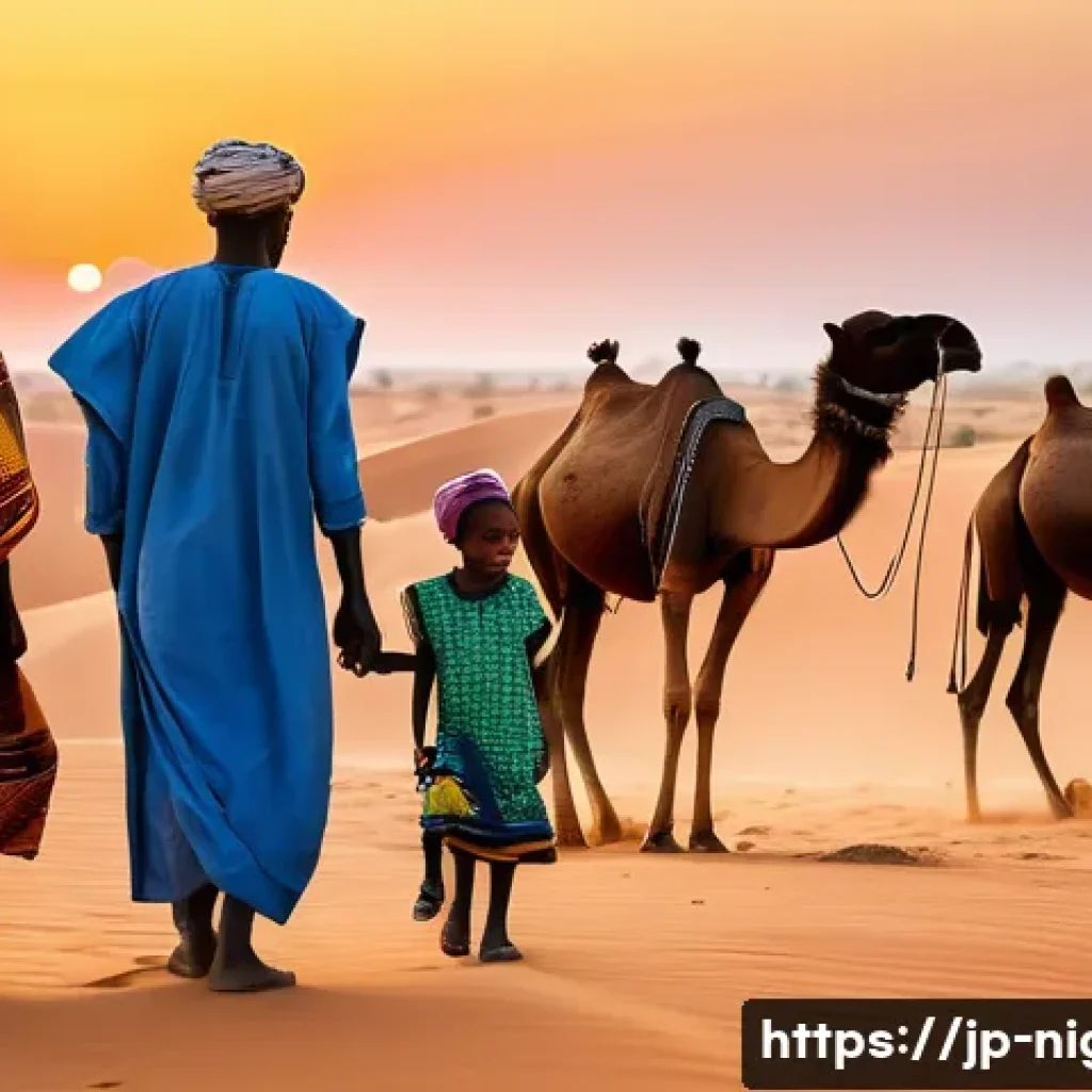 니제르 부족별 특징 - A detailed portrait of a Fulani nomadic family in the Sahel desert during sunset, dressed in vibrant...