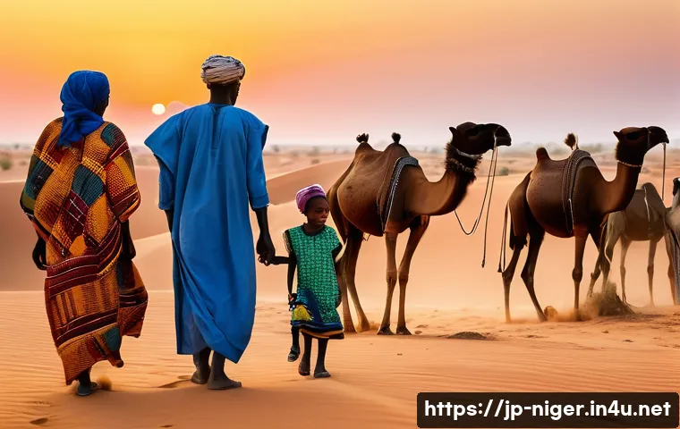 니제르 부족별 특징 - A detailed portrait of a Fulani nomadic family in the Sahel desert during sunset, dressed in vibrant...