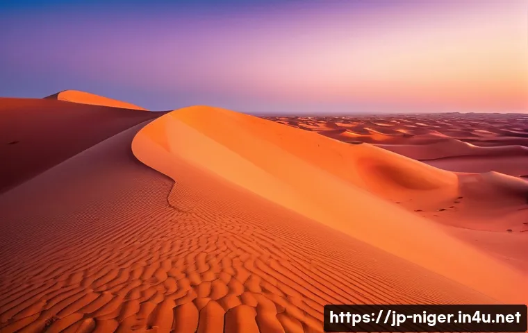 니제르에서의 모험 여행 옵션 - A breathtaking sunrise over the Sahara Desert sand dunes in Niger, with vibrant gradients of orange,...