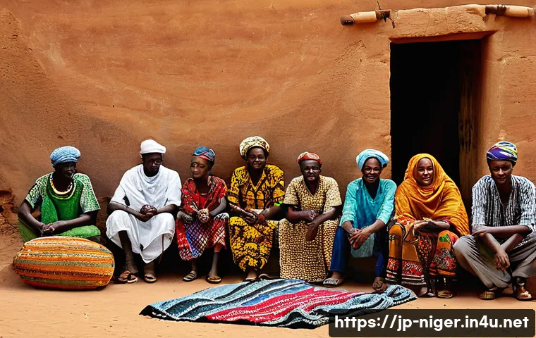 니제르 공식 언어와 통용어 - A vibrant West African market scene in Niger, bustling with diverse ethnic groups including Hausa, Z...