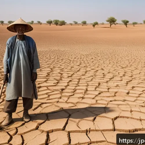 니제르에서의 기후 변화 영향 - A detailed, realistic landscape of a dry, cracked desert terrain in Niger, showing sparse, withered ...