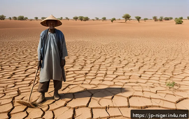 니제르에서의 기후 변화 영향 - A detailed, realistic landscape of a dry, cracked desert terrain in Niger, showing sparse, withered ...