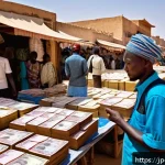 니제르 여행 중 스캠 및 사기 주의 - A bustling outdoor market scene in Niger with a cautious tourist carefully inspecting West African C...