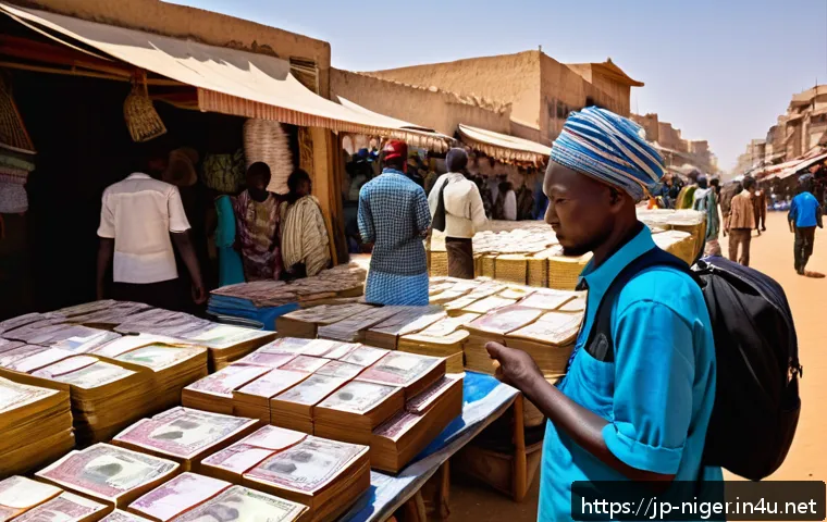 니제르 여행 중 스캠 및 사기 주의 - A bustling outdoor market scene in Niger with a cautious tourist carefully inspecting West African C...