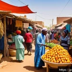 니제르에서 유용한 프랑스어 표현 - A lively street market scene in Niger during daytime, featuring diverse local vendors and shoppers e...