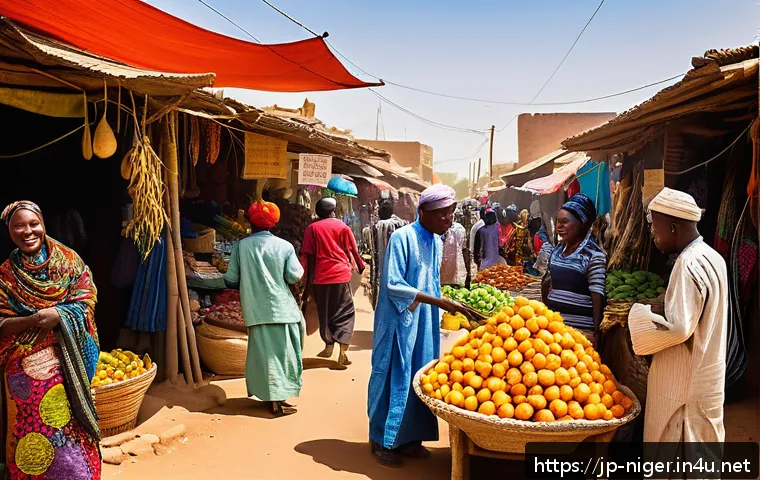 니제르에서 유용한 프랑스어 표현 - A lively street market scene in Niger during daytime, featuring diverse local vendors and shoppers e...