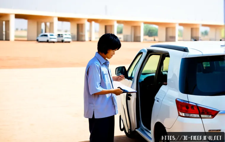 니제르에서 렌터카 이용 방법 - Photorealistic travel scene at Niamey airport in Niger, a Japanese adult traveler in modest casual c...