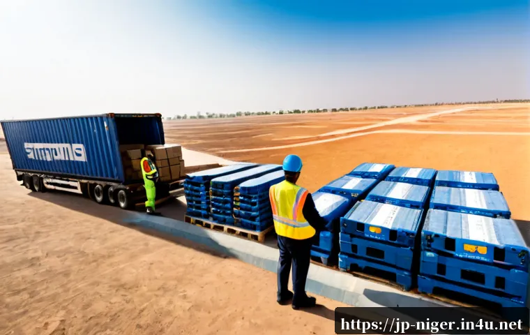 니제르의 주요 무역 협정 및 파트너 - Photorealistic wide-angle scene at a modern Sahel freight terminal in Niger, Nigerien logistics prof...